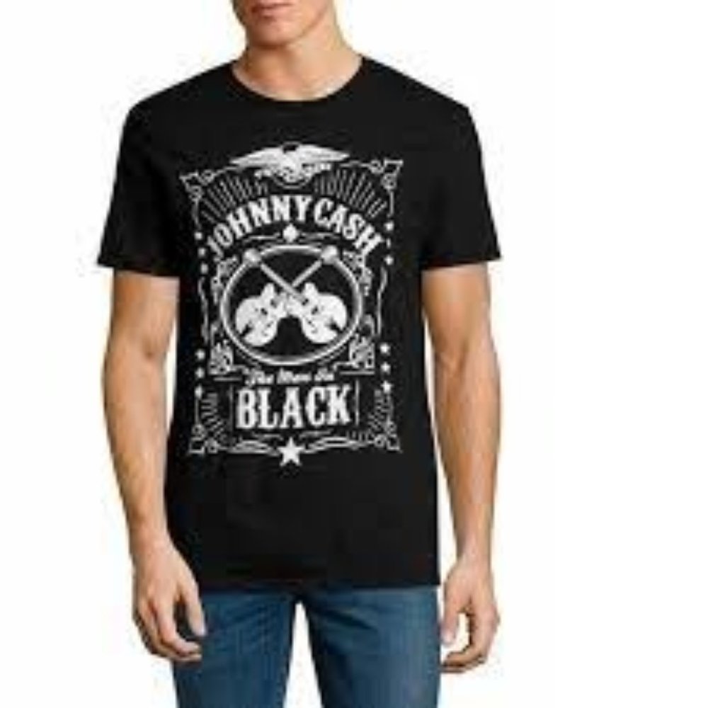Johnny Cash the man in black mens guitar tee shirt in black small 100% cotton